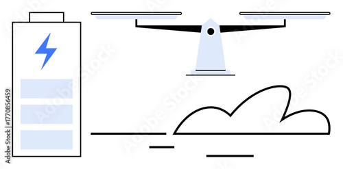 Quadrotor quadcopter in flight with visible charging battery and cloud emphasizing tech, power, and eco-innovation. Ideal for energy, environment, technology, futurism, automation, efficiency