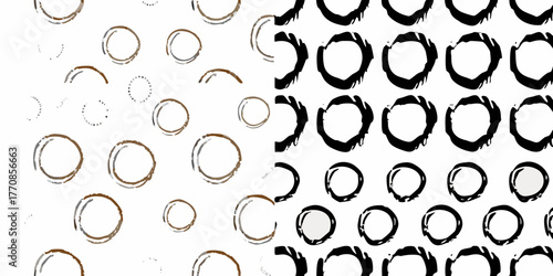 Collection of coffee cup rings and stains in black and brown on a white background