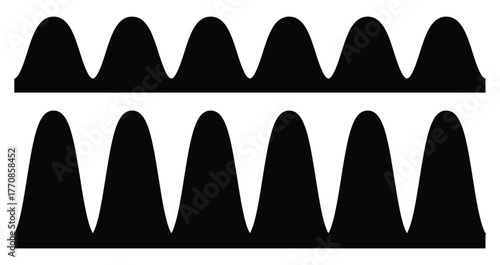 Minimal black wave pattern or decorative scalloped and wavy border pattern set. featuring mirrored rows of curved peaks and valleys, continuous organic wave shapes. abstract geometric backgrounds