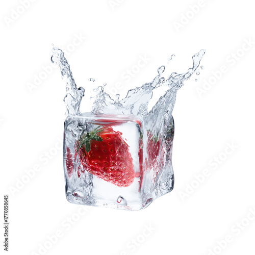 Strawberry Encased In Ice Cube With Splash. Refreshing And Cool Beverage Concept. Isolated On Transparent Background