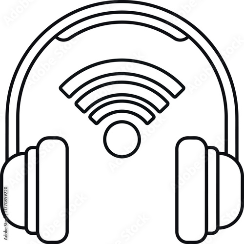 Simple outline icon of headphones with a wireless signal symbol representing audio streaming and connectivity