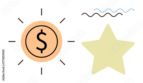 Dollar coin surrounded by rays next to a star and wavy lines symbolizing finances, rewards, growth, achievement, recognition, innovation, and progress. Ideal for financial strategies, success vision