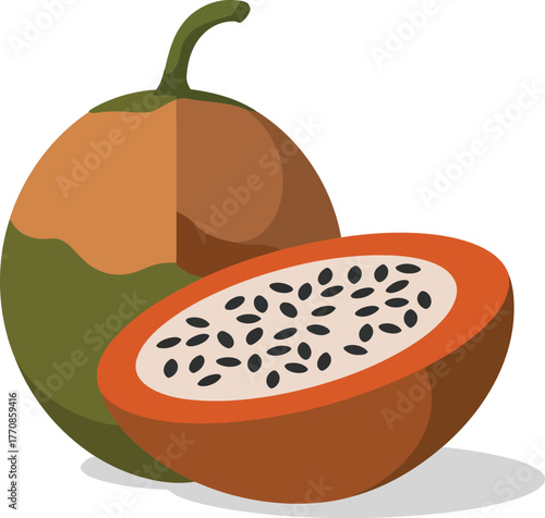 Fresh Papaya Fruit Whole and Half Cut with Black Seeds Tropical Food Vector Illustration