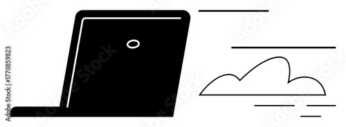 Laptop with fast motion lines beside a cloud icon, representing speed, cloud storage, remote access, digital transformation. Ideal for IT, business, innovation, software mobility productivity
