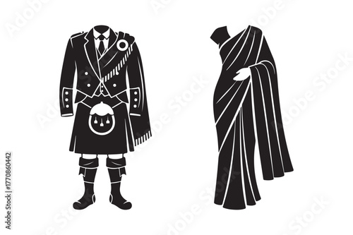 Traditional scottish kilt and indian saree cultural attire comparison
