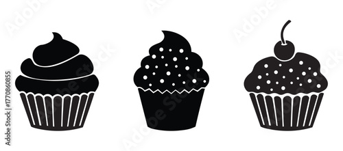 Three different cupcakes isolated on white background