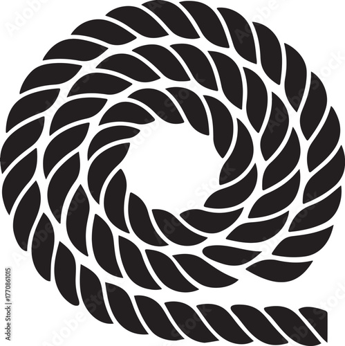 Black silhouette of a coiled rope forming a circular pattern on a white background cord twine