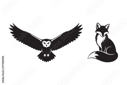 Black silhouette of an owl in flight and a fox sitting
