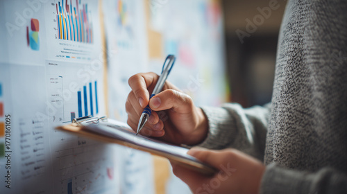 Indivíduo simula registrar insights em gráfico estatístico, remetendo a etapas de estudo, avaliação de números, planejamento e desenvolvimento profissional aliado à lógica