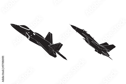 Two black fighter jets in flight against a white background