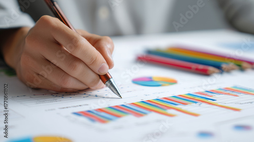Pessoa simula anotar em gráfico com indicadores estatísticos, representando análise, estudo e organização de informações
