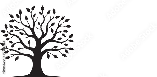 Silhouette of a stylized deciduous tree with many leaves on a white background branches
