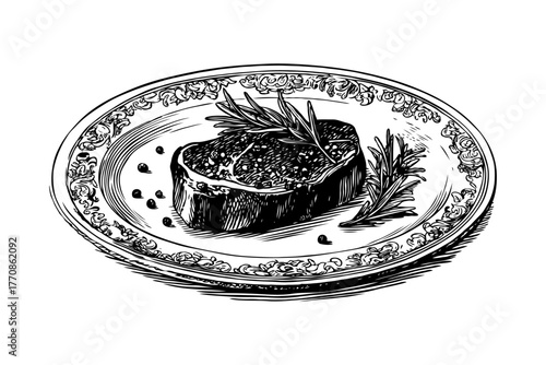 Grilled steak with rosemary and peppercorns on decorated plate in hand-drawn engraving style on white background, concept of gourmet cuisine