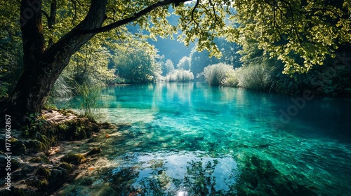 Turquoise lakes at Plitvice National Park Croatia Dramatic sunlight and vintage tones