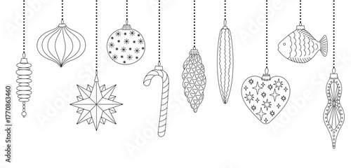 Christmas tree baubles heart, star, fish hang on strings, festive holiday template outline hand drawn illustration, decorative elements for card, poster, banner, Merry Christmas, New Year concept