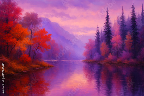 Autumn landscape with calm forest lake scene and colorful fall trees creating a cozy seasonal atmosphere in warm natural tones
