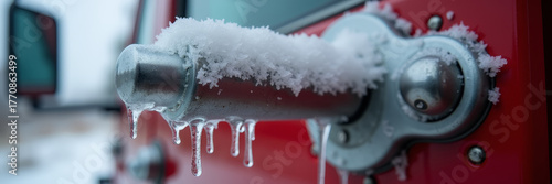 Macro shot of fire truck door handle with icicles hanging, frozen metal surface, snow buildup on side mirror, moody overcast light, concept of winter emergency