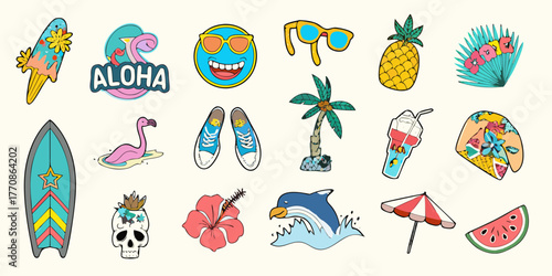 Collection of colorful summer vacation icons and symbols including aloha pineapple flamingo and surfboard