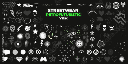 Collection of retrofuturistic y2k streetwear graphic elements and icons for design
