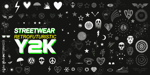 Retrofuturistic y2k streetwear graphic design elements and icons collection