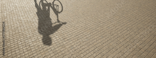 Concept or conceptual background of floor texture surface with a human shadow as silhouette. A 3d illustration metaphor for biking recreation workout, healthy lifestyle for fun leisure cycling design