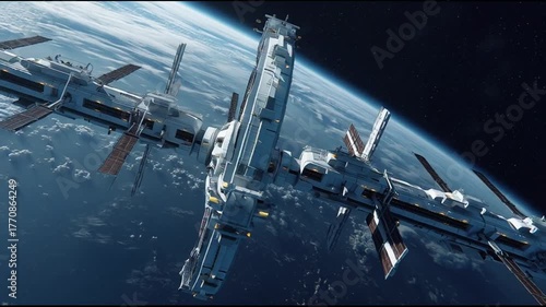 Futuristic Space Station Orbiting Earth Detailed Lights