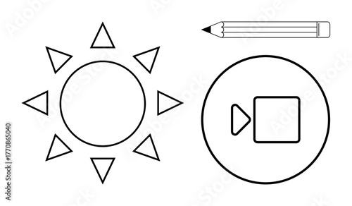 Bold black shapes form a sun, a video play button in a circle, and a classic pencil. Ideal for learning, media creation, creativity, simplicity, design concepts, digital tools flat minimalistic