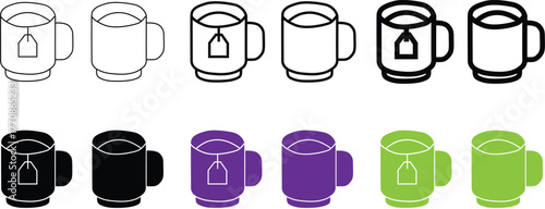 Tea bag in cup icon in thin line. Cute cup of tea illustration simple mug. Vector hand drawn doodle illustration of a cup of tea.