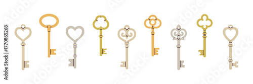 Ornate vintage keys collection in neutral beige and gold tones. Hand drawn vector illustration of antique metal keys arranged in a row, isolated on white