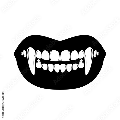 Vampire mouth with fangs and white teeth on black background  