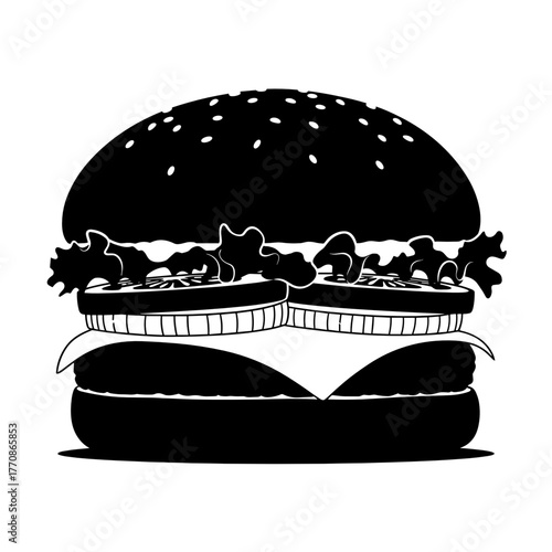 Black silhouette of a double burger with lettuce and toppings  