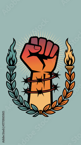Powerful Raised Fist Illustration Surrounded by Laurel and Torches, Barbed Wire Symbolism, Revolution and Freedom Concept Art