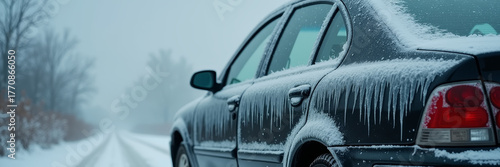 Cinematic shot of frozen car door sealed with thick ice and hanging icicles, condensation on windows, overcast cold light, realistic winter struggle scene