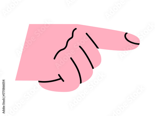 Hand drawn cute illustration of pointing finger. Flat vector showing signal arm sign doodle. Direction choosing forefinger sticker. Choice or indicate human hand gesture icon. Isolated.