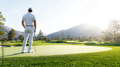 Golfer white outfit stands green putting surface, overlooking scenic landscape with mountains and trees. sun shines brightly, creating serene