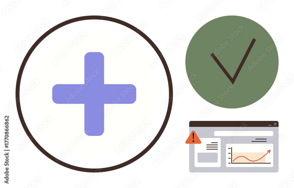 Fototapeta premium Blue plus symbol, green circle with checkmark, and webpage with warning alert. Ideal for health, approval, notification, system alert, success, risk assessment simple flat metaphor