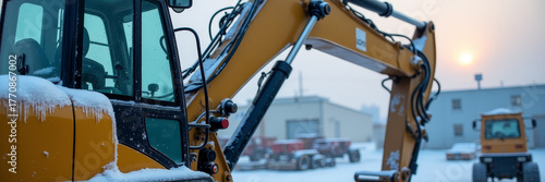 Macro photo of construction excavator cabin covered with ice and snow, frozen hydraulic arm details, industrial yard background, cold morning light