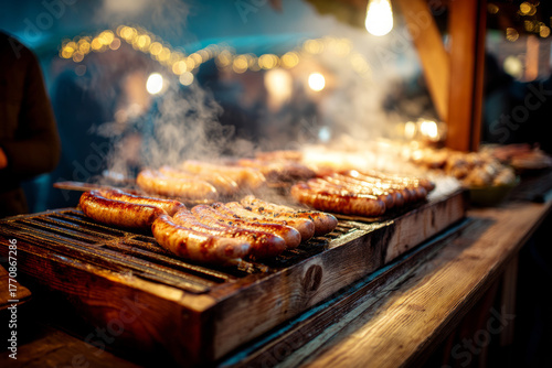 Grilled sausages cooking on barbecue with steam at festive market stand