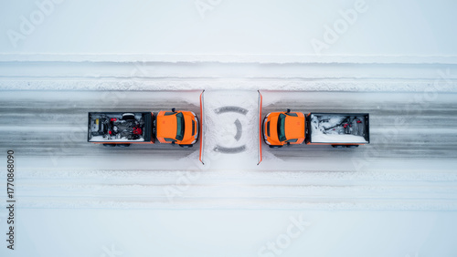 Top-down aerial view of snowplows clearing highway lanes, bright orange machines contrasting with white snow, geometric tire patterns, realistic winter work