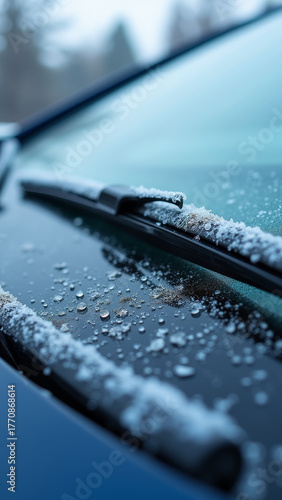 Macro shot of frozen windshield wipers stuck in ice, frosty snowflakes on glass, cold blue tones, detailed automotive texture and winter realism