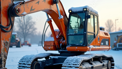 Macro photo of construction excavator cabin covered with ice and snow, frozen hydraulic arm details, industrial yard background, cold morning light