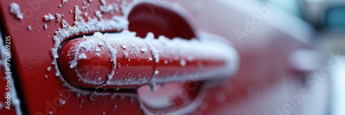 Macro shot of frozen car door handle with icicles and thick ice layer, cold muted colors, extreme detail realism, concept of winter freeze