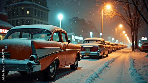 Cinematic night scene of vintage cars parked under heavy snowfall, warm streetlights reflecting on snow, visible flakes in motion, nostalgic winter city mood