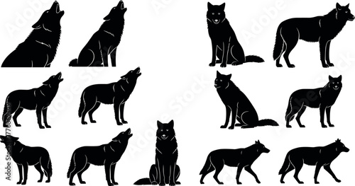 Set of black wolf silhouettes in various poses including howling, walking, sitting, standing, ideal for wildlife and nature design.