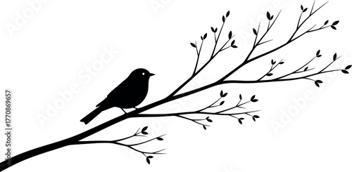 Silhouette bird perched on spring tree branch with budding leaves, nature wildlife vector illustration for seasonal and artistic design themes.