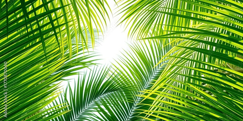 Obraz premium Vibrant green palm leaves forming a lush tropical backdrop, summer, tropical plants