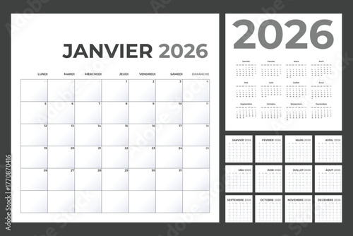 French Calendar Template for 2026 Year with Monday Start