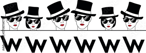 Stylized black hat characters with sunglasses and lipstick in minimalist fashion concept above bold W letters, vector illustration design