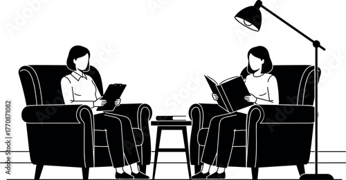 Two People in Armchairs Having a Calm Discussion Indoors with Books and Lamp in Cozy Minimalist Black and White Setting