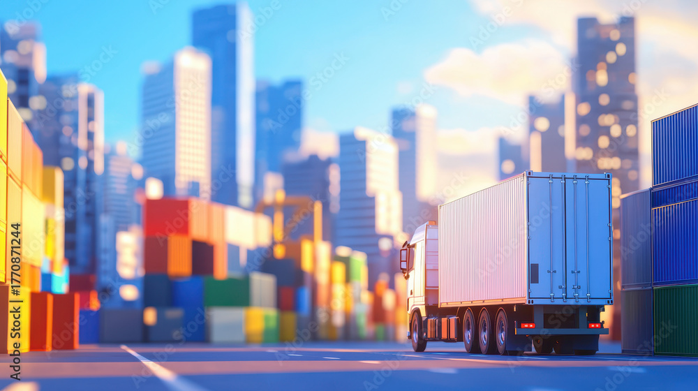 Obraz premium Truck transports cargo in vibrant urban setting filled with colorful shipping containers, showcasing bustling supply chain
